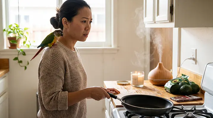 पक्षियों के लिए घरेलू खतरे: धुआं, भोजन और पैन